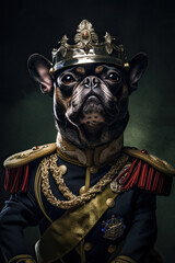 bulldog in military uniform and crown like a king