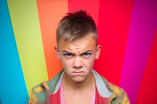 Studio portrait of a teenager boy being disgusted and contemptful, isolated on colorful background. Teenager emotions or moods concept. Generative AI