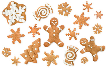 collection of different christmas gingerbread cookies, top view, on a white isolated background