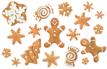 collection of different christmas gingerbread cookies, top view, on a white isolated background