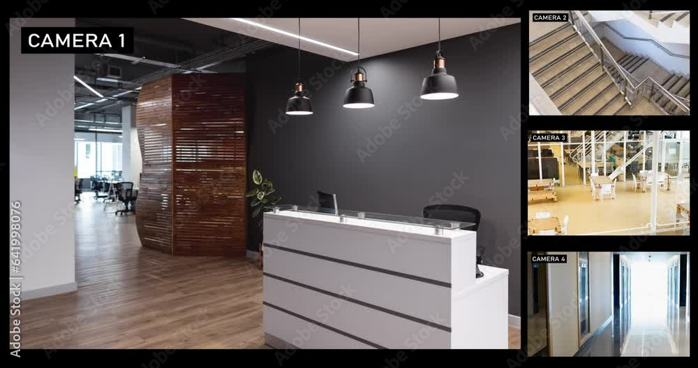 Poster split screen with four security camera views of business premises, slow motion