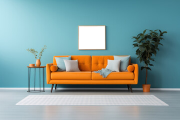 Generate ai, orange sofa on living room with photo frame on blue wall.