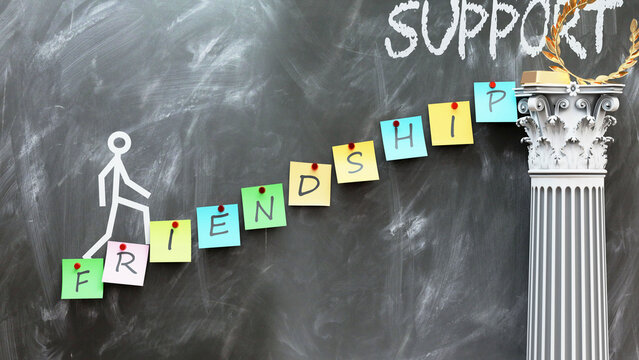 Friendship leads to Support - a metaphor showing how friendship makes the way to reach desired support. Symbolizes the importance of friendship and cause and effect relationship.,3d illustration