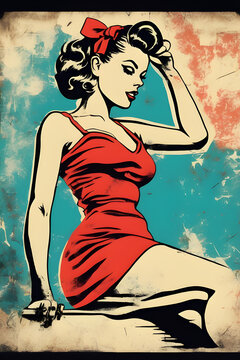 a vintage 1950s, 1960s pretty pin up girl illustration with a distressed background.