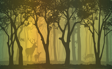 Seamless horizontal background with deciduous forest and deer, vector illustration