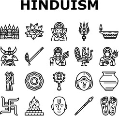 hinduism india hindu god religion icons set vector. indian lord statue, om ganesha, vishnu ganesh, krishna idol, religious hinduism india hindu god religion black contour illustrations - obrazy, fototapety, plakaty