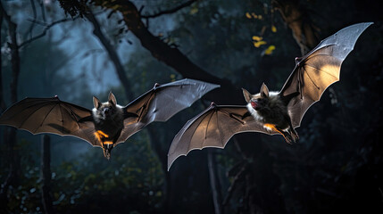 Enigmatic bats taking flight in the moonlight showcasing their nocturnal prowess and mysterious allure