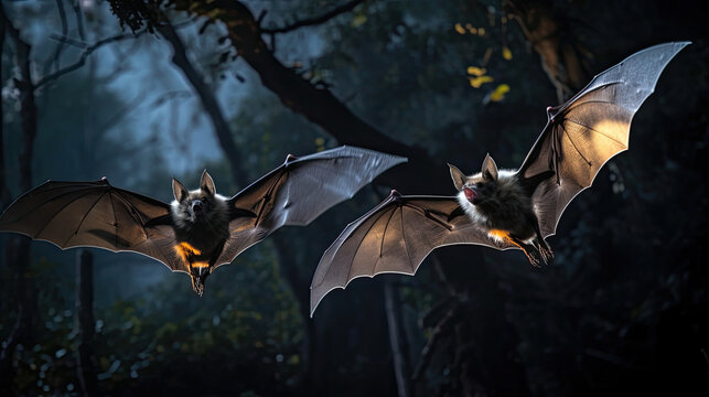 Enigmatic bats taking flight in the moonlight showcasing their nocturnal prowess and mysterious allure