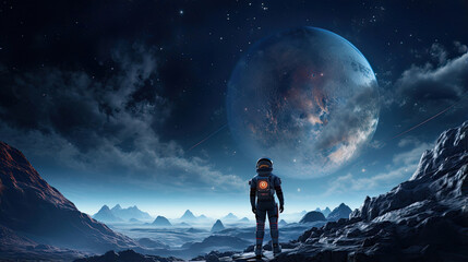 An AI-assisted astronaut exploring distant planets in search of new horizons.