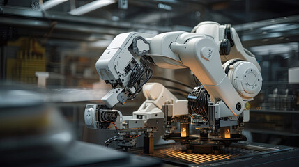 Fototapeta premium AI-guided industrial robots crafting intricate and precise products.