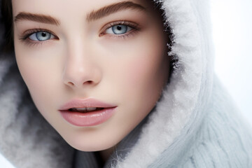 Snowy Elegance with Fur Hood. A woman in a white fur coat enjoys the snowy outdoors with elegance.