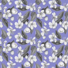 Gray graphic flowers, leaves, buds, branches are hand-drawn on a purple background. Seamless botanical pattern of blossoming apple trees. Trendy romantic wallpaper design.