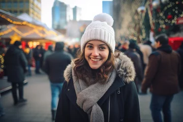 Tuinposter Young happy smiling woman in winter clothes at street Christmas market in Toronto © Jasmina