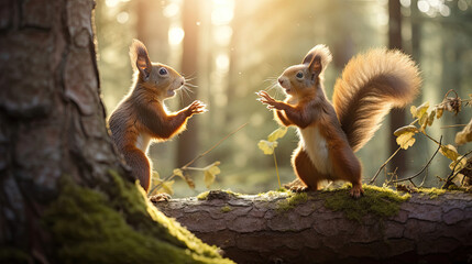 Playful red squirrels darting through a sunlit forest their agile movements a testament to their resourcefulness