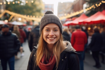 Obraz premium Young happy smiling woman at street Christmas market in Sidney 