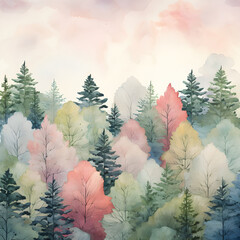 Watercolor Landscape With Green and Rose Trees - AI Generative