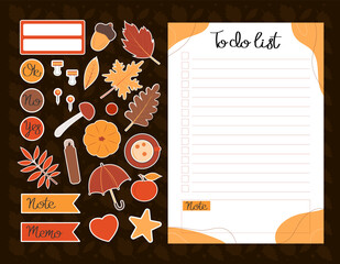 Autumn to-do list template. Set of to do list and stickers. Template for agenda, planners, checklists, notebooks, cards and other stationery. Event planner template. Layout in A5.