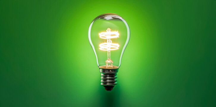 Tungsten bulb light on, green background. Concept of idea, creativity, invention, inspiration