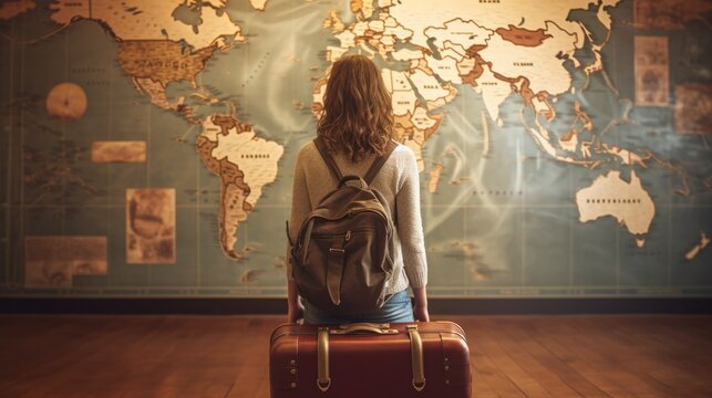 young teen looking at world map, travel concept