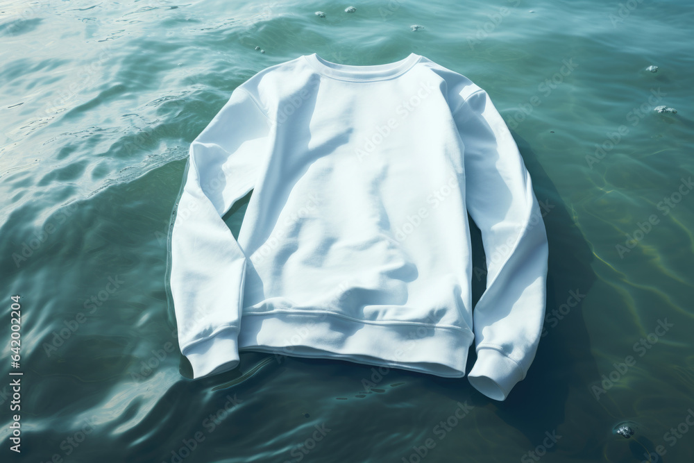 Sticker White sweatshirt mockup floating on water surface, AI Generative