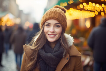 Young happy smiling woman in winter clothes at street Christmas market in Vienna