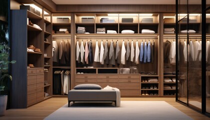 Luxury brown wooden built-in walk-in closet wardrobe - obrazy, fototapety, plakaty