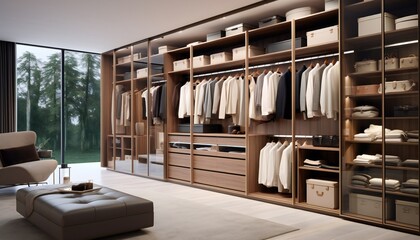 Obraz na płótnie Canvas Luxury brown wooden built-in walk-in closet wardrobe