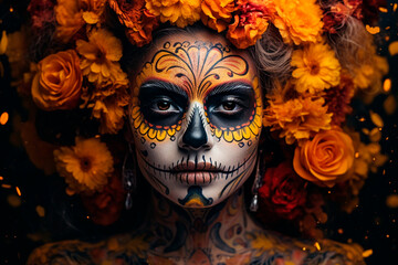 Vibrant Day of the Dead  woman portrait with sugar skull makeup and a captivating gaze