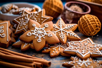 Obraz na płótnie Canvas Christmas gingerbread cookies on a wooden table with christmas decoration