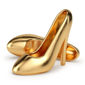 Golden women's shoes on a white background. 3D illustration