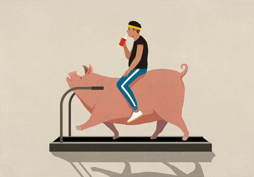 Man sitting and drinking on pig exercising, walking on treadmill
