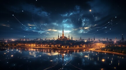 Fototapeta premium Data Technology Communication Networking Background with Data connectivity on city of skyline, newyork city concept wallpaper