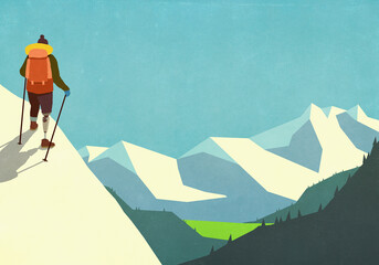 Woman with backpack and ski poles hiking up snowy mountain
