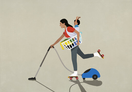 Woman in roller skates doing chores with baby on back
