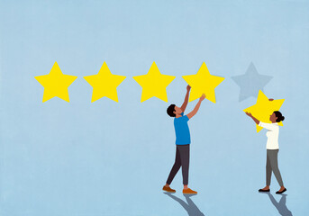 Couple rating, placing five stars on blue background
