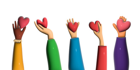 Hands 3D Illustration. The hand holds the heart. Multinational