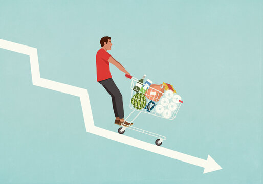 Male consumer with shopping cart of groceries falling down descending arrow
