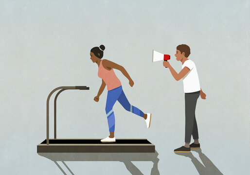 Man with megaphone yelling at woman jogging on treadmill
