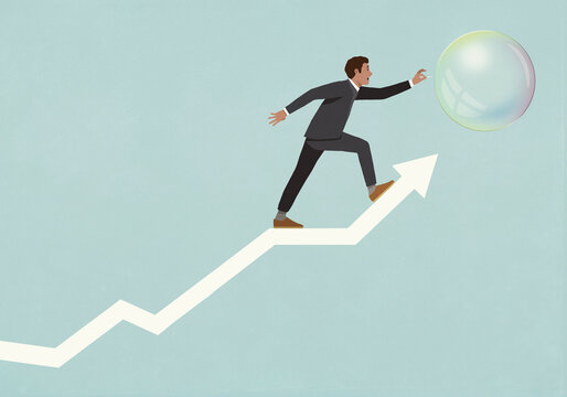 Businessman trying to pop bubble on ascending arrow
