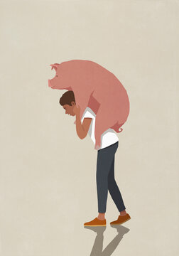 Tired man piggybacking freeloading pig
