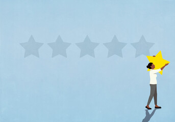 Woman removing rating star from blue background
