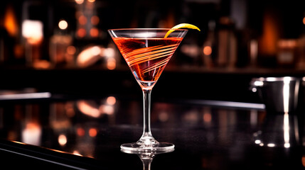 Elegant cocktail dry martini tonic, bar counter blurred dark background, background for menu and special offer