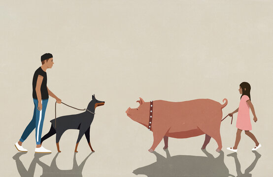 Man with dog on leash approaching girl with pet pig on leash
