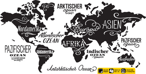 Weltkarte Vinyl ready vintage design Weltkarte ornamentales Design mit künstlerischen Schriftzügen in deutscher Sprache erstellt für Vinylschneiden oder cnc-Plasma. Wandaufkleber. Schwarz Silhouette.