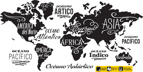 Mapamundi para vinilo de corte diseño vintage mapa del mundo diseño ornamental letras artísticas en lengua español creado corte de vinilo o plasma cnc. Adhesivo mural. Silueta en blanco y negro. © readytocutvector