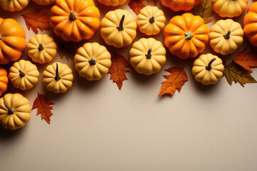 Festive autumn decor of pumpkins and leaves on a beige background. The concept of Thanksgiving or Halloween