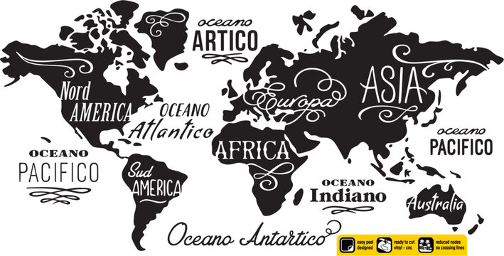  Mappamondo planisfero in vinile pronto per il design vintage con scritte artistiche in lingua italiana, creato per il taglio del vinile o il plasma cnc. Adesivo murale. Sagoma in bianco e nero.