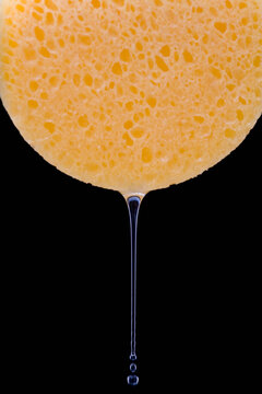 Extreme close up of yellow makeup sponge dripping water
