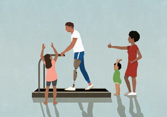 Supportive family cheering for amputee father exercising on treadmill
