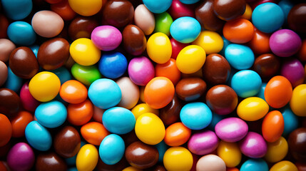 Obraz premium Close up of a pile of colorful chocolate coated candies. Candy background. Generative AI